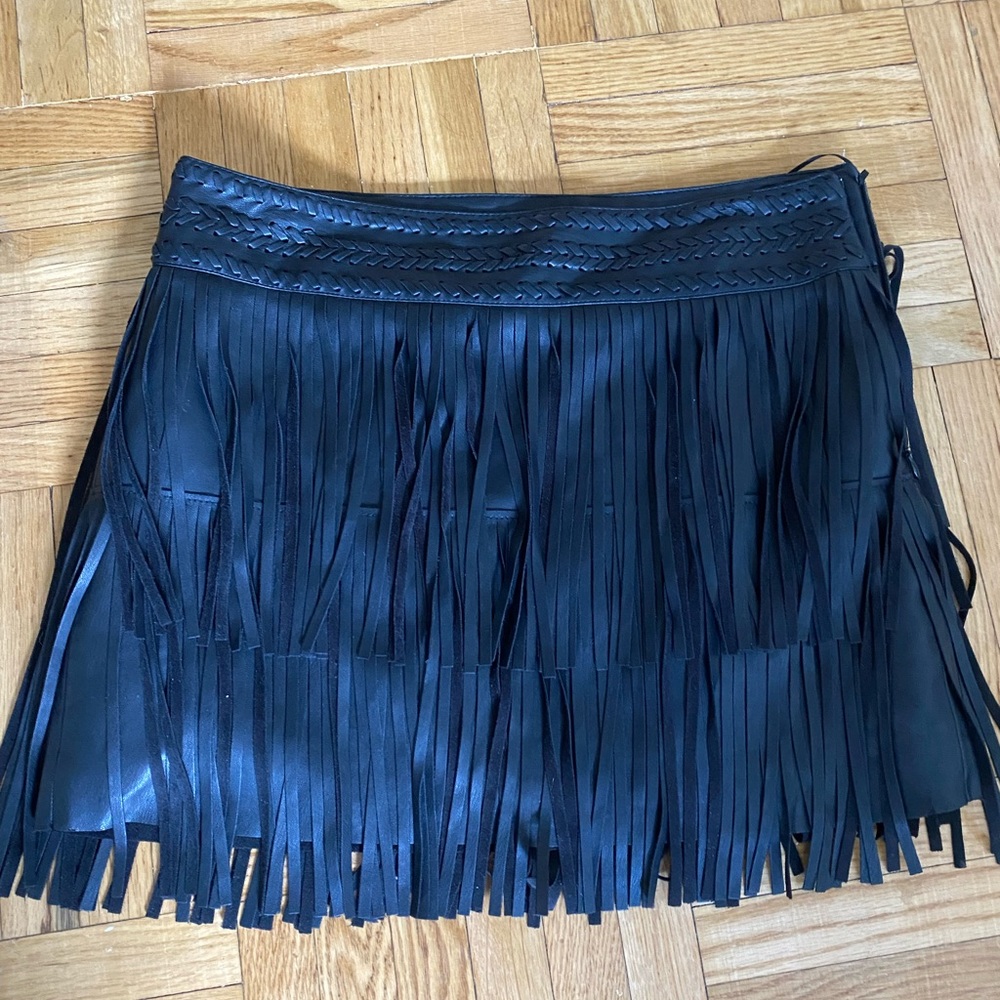 Mango Black Leather Fringe Skirt